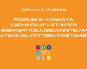 Oranssilla pohjalla USKOT-foorumin logo sekä artikkelin otsikko: foorumi ei kannata varhaiskasvatuksen laatimisvelvoitteen poistamista